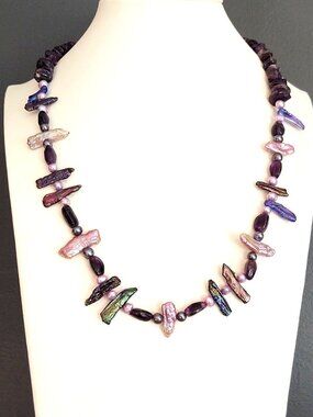 Metallic bead, pearl and amethyst stone necklace